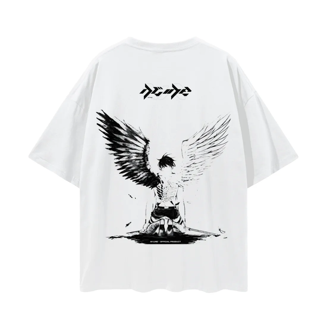 Camiseta Oversized — Asas da Destruição · Branca e Cinza